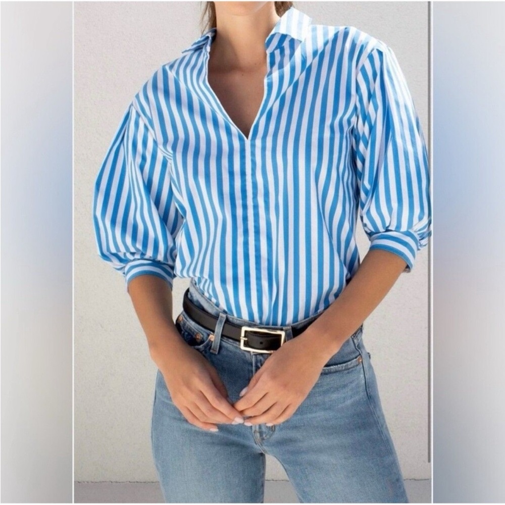 AYR Capeside Shirt Blue Striped Puff Sleeve Size S